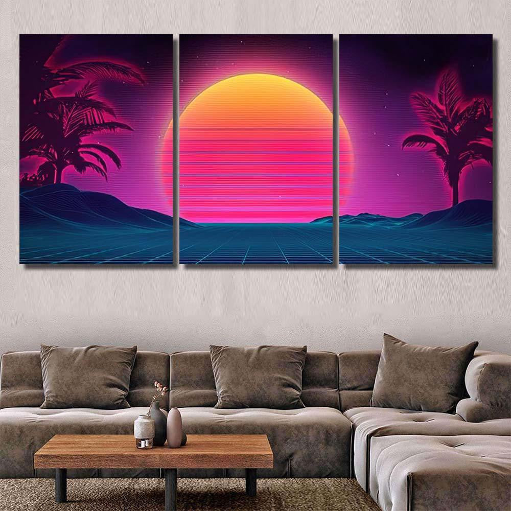 Retro Background Futuristic Landscape 1980S Style 16 Galaxy Sky and Space Multi Piece Panel Canvas Home Decor Housewarming Gift Ideas Poster Canvas Gallery Prints