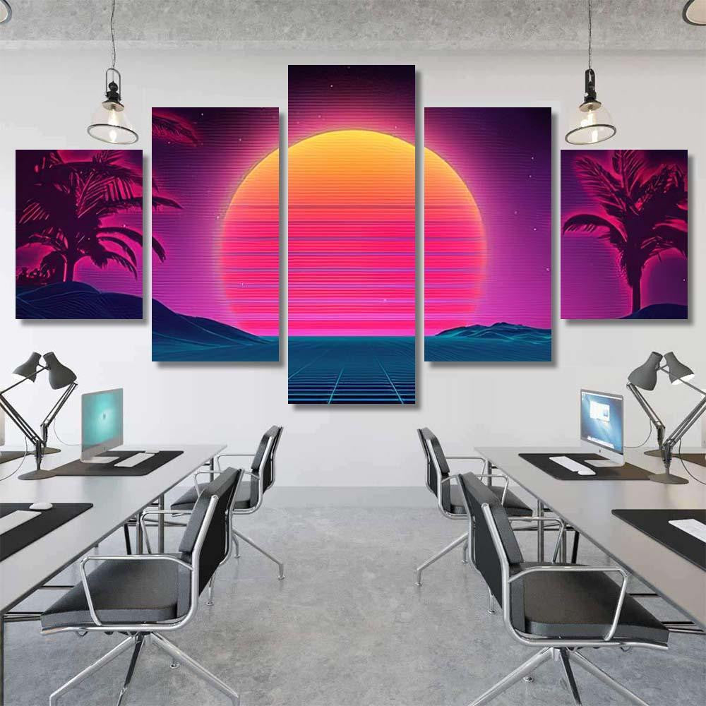 Retro Background Futuristic Landscape 1980S Style 16 Galaxy Sky and Space Multi Piece Panel Canvas Home Decor Housewarming Gift Ideas Poster Canvas Gallery Prints