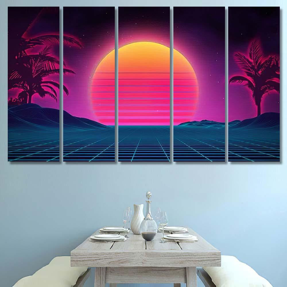 Retro Background Futuristic Landscape 1980S Style 16 Galaxy Sky and Space Multi Piece Panel Canvas Home Decor Housewarming Gift Ideas Poster Canvas Gallery Prints