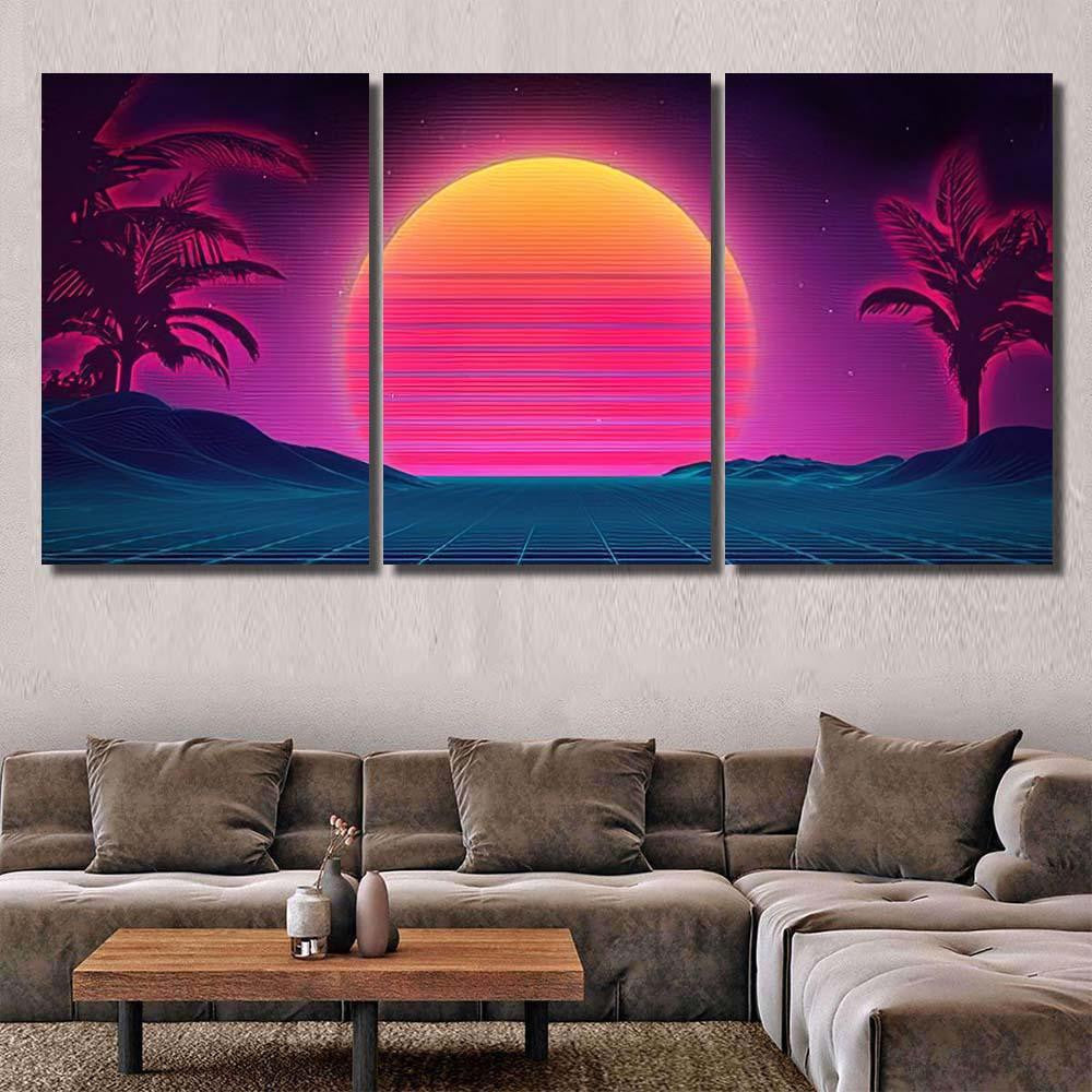 Retro Background Futuristic Landscape 1980S Style 16 Galaxy Sky and Space Multi Piece Panel Canvas Home Decor Housewarming Gift Ideas Poster Canvas Gallery Prints