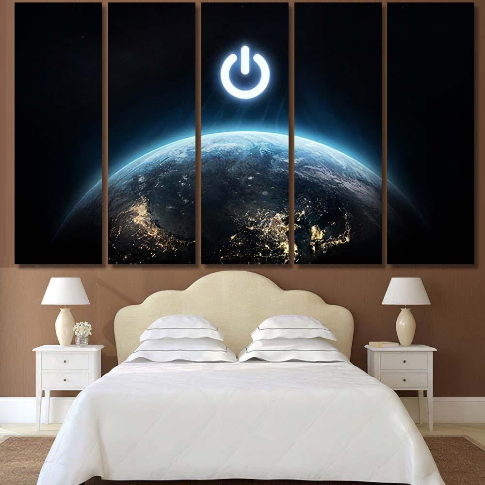 Planet Earth Power Button Hour Event Galaxy Sky and Space Multi Piece Panel Canvas Home Decor Housewarming Gift Ideas Poster Canvas Gallery Prints