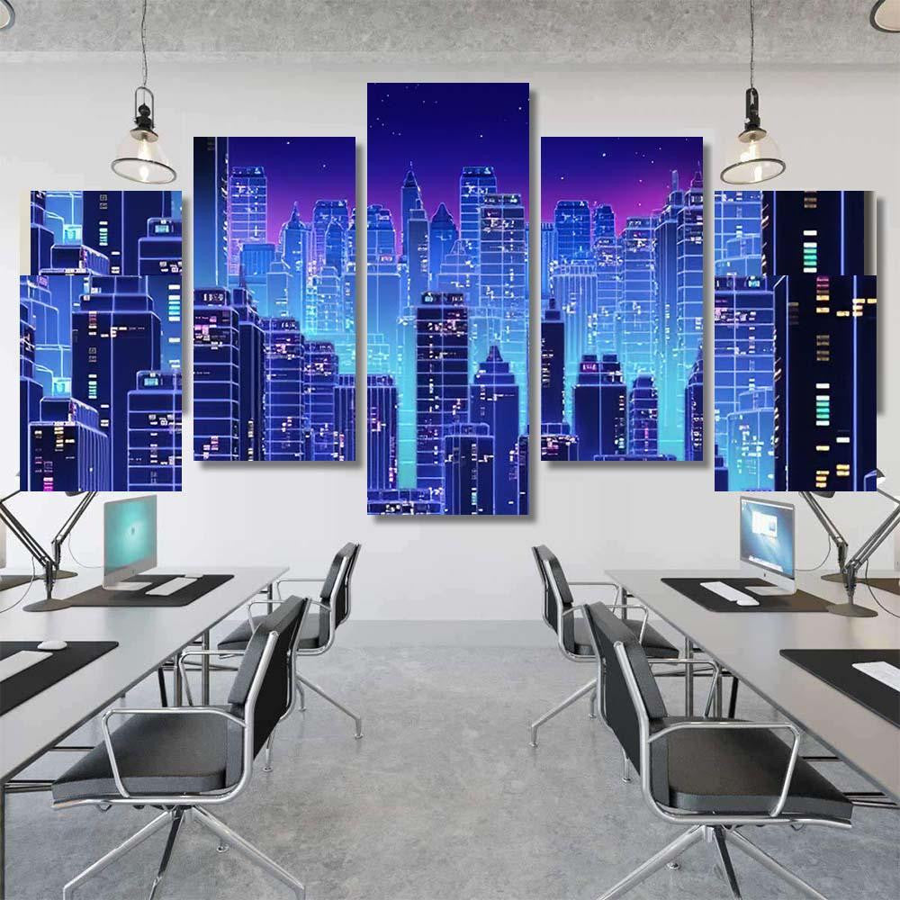 Retro Futuristic Skyscraper City 1980S Style 3 Galaxy Sky and Space Multi Piece Panel Canvas Home Decor Housewarming Gift Ideas Poster Canvas Gallery Prints