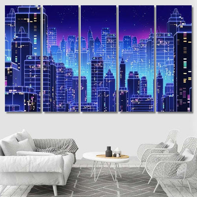 Retro Futuristic Skyscraper City 1980S Style 3 Galaxy Sky and Space Multi Piece Panel Canvas Home Decor Housewarming Gift Ideas Poster Canvas Gallery Prints