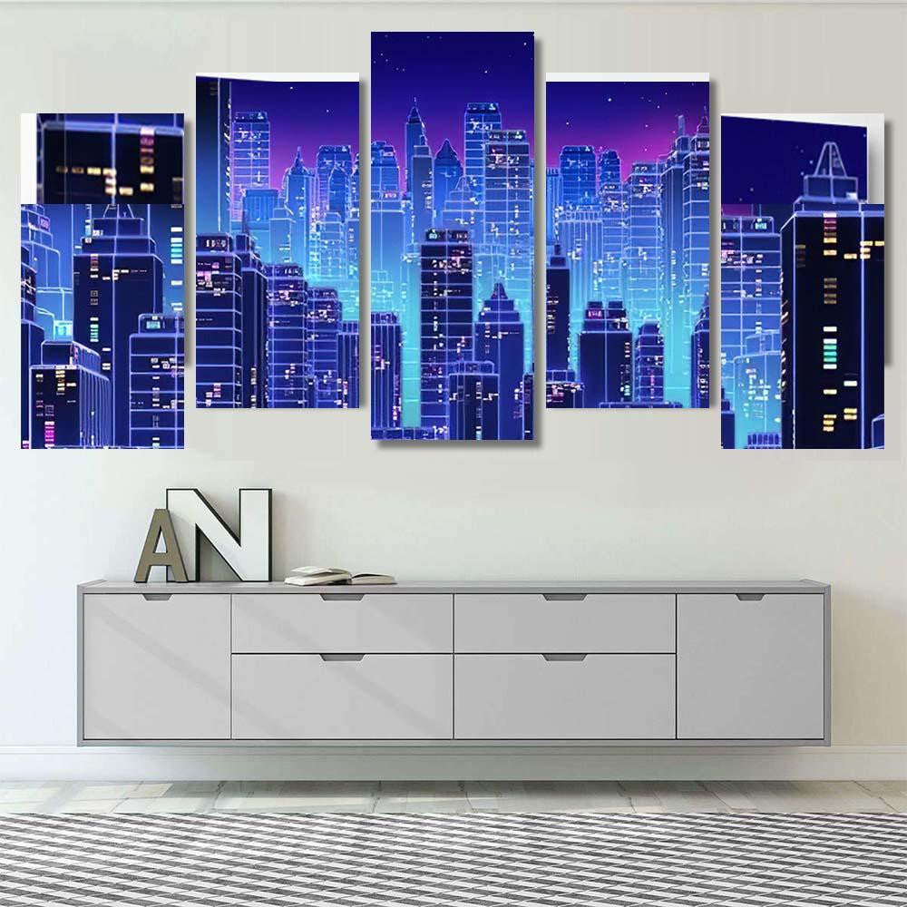Retro Futuristic Skyscraper City 1980S Style 3 Galaxy Sky and Space Multi Piece Panel Canvas Home Decor Housewarming Gift Ideas Poster Canvas Gallery Prints