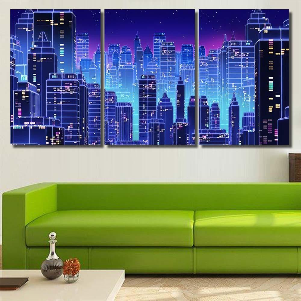 Retro Futuristic Skyscraper City 1980S Style 3 Galaxy Sky and Space Multi Piece Panel Canvas Home Decor Housewarming Gift Ideas Poster Canvas Gallery Prints