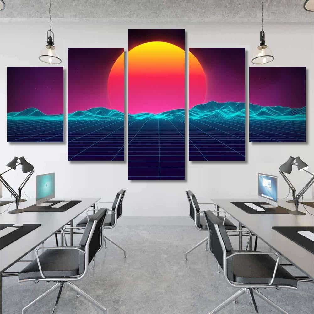 Retro Background Futuristic Landscape 1980S Style 8 Galaxy Sky and Space Multi Piece Panel Canvas Home Decor Housewarming Gift Ideas Poster Canvas Gallery Prints
