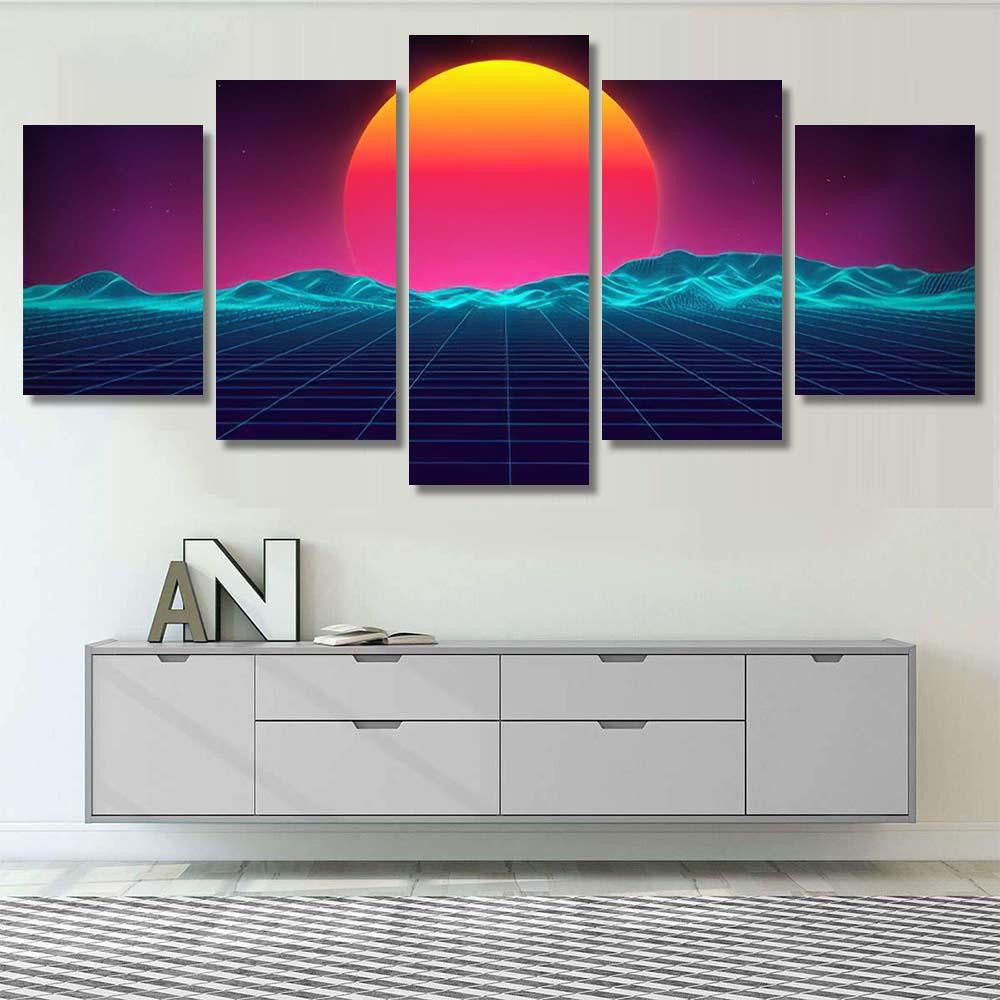 Retro Background Futuristic Landscape 1980S Style 8 Galaxy Sky and Space Multi Piece Panel Canvas Home Decor Housewarming Gift Ideas Poster Canvas Gallery Prints