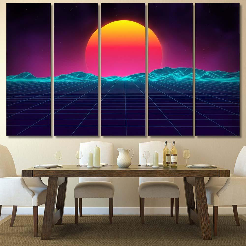 Retro Background Futuristic Landscape 1980S Style 8 Galaxy Sky and Space Multi Piece Panel Canvas Home Decor Housewarming Gift Ideas Poster Canvas Gallery Prints