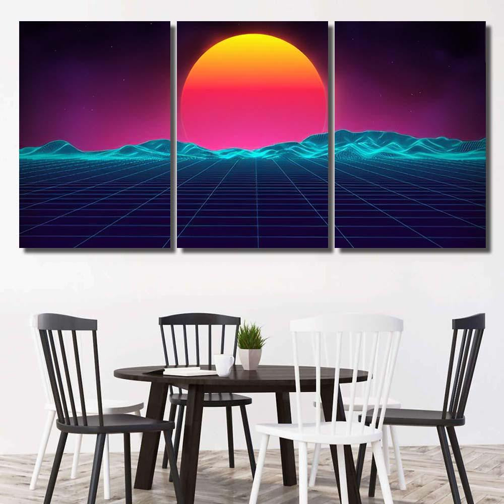 Retro Background Futuristic Landscape 1980S Style 8 Galaxy Sky and Space Multi Piece Panel Canvas Home Decor Housewarming Gift Ideas Poster Canvas Gallery Prints