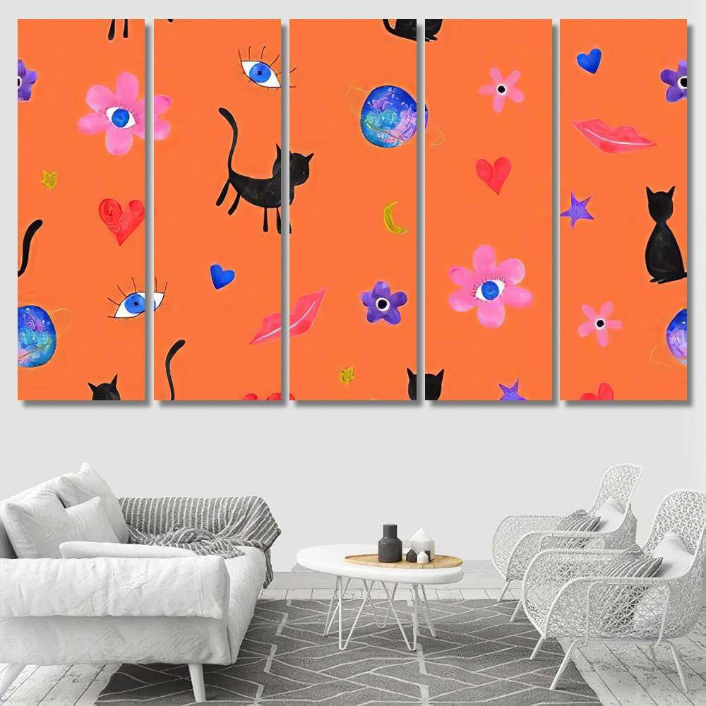 Hand Abstract Watercolor Cats Planets 5 Galaxy Sky and Space Multi Piece Panel Canvas Home Decor Housewarming Gift Ideas Poster Canvas Gallery Prints