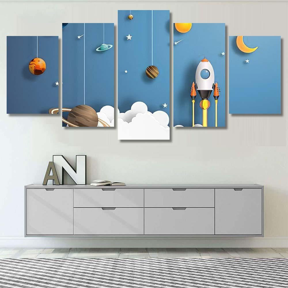 Paper Art Style Rocket Flying Space 1 Galaxy Sky and Space Multi Piece Panel Canvas Home Decor Housewarming Gift Ideas Poster Canvas Gallery Prints