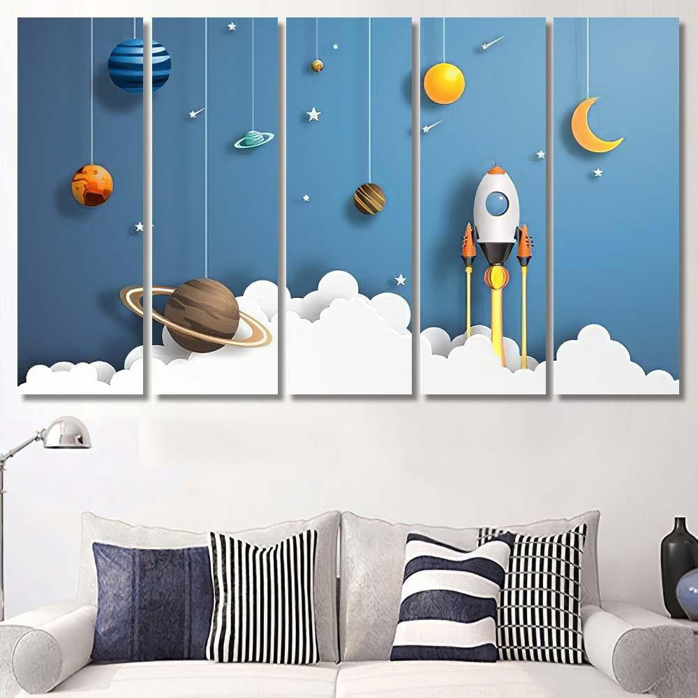 Paper Art Style Rocket Flying Space 1 Galaxy Sky and Space Multi Piece Panel Canvas Home Decor Housewarming Gift Ideas Poster Canvas Gallery Prints