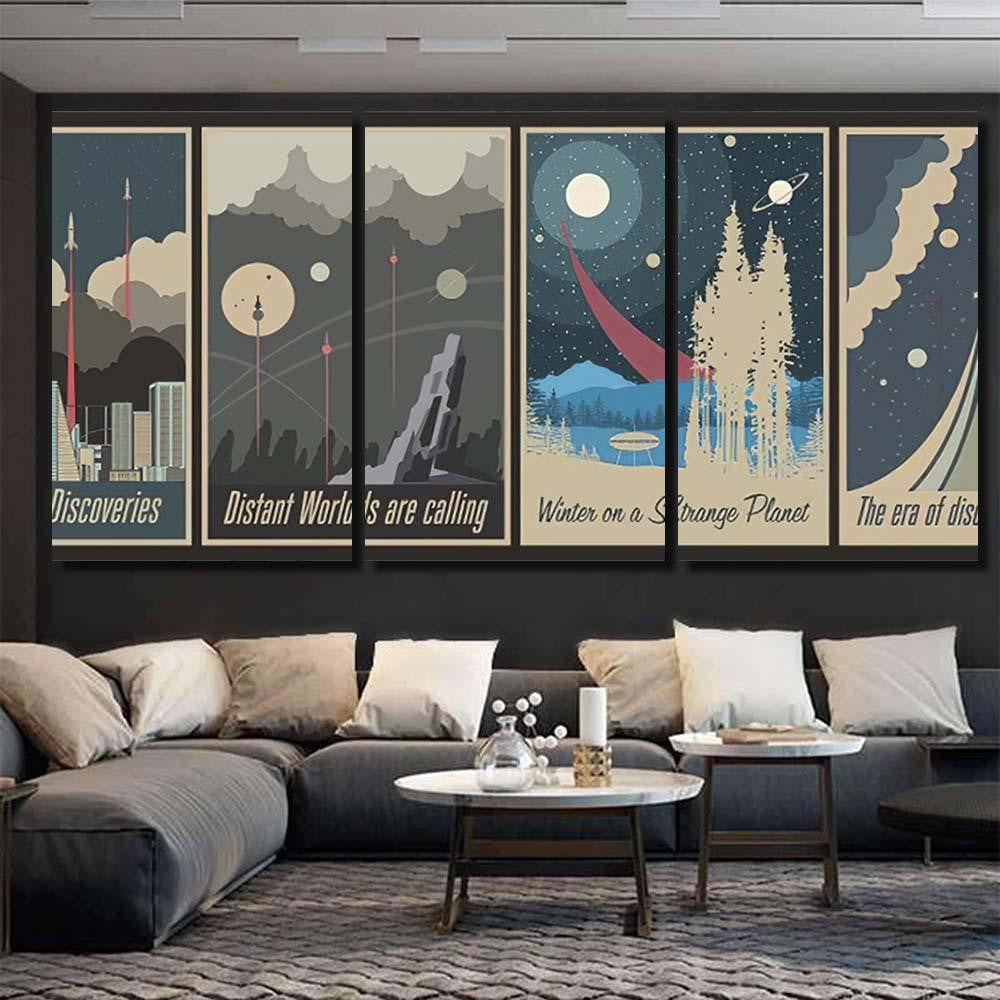 Retro Futurism Space Propaganda Posters Galaxy Sky and Space Multi Piece Panel Canvas Home Decor Housewarming Gift Ideas Poster Canvas Gallery Prints