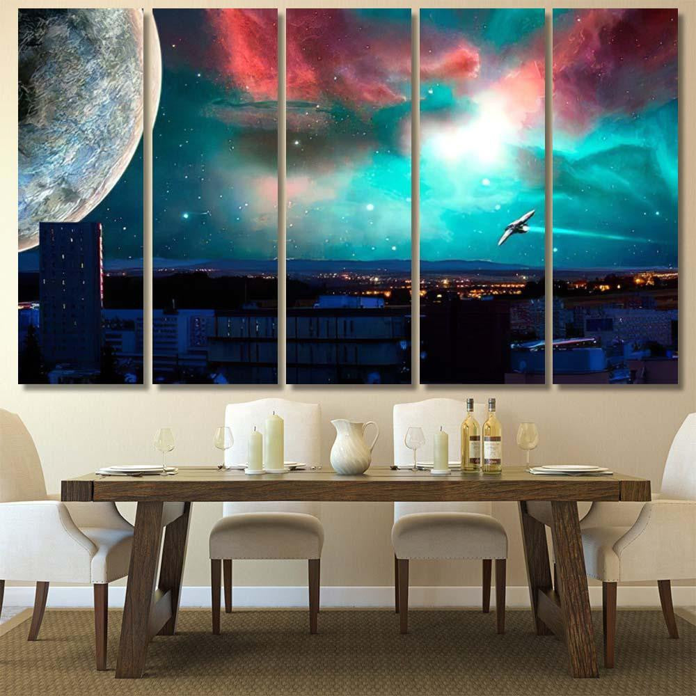 Scifi City Nebula Planet Spaceships Photo Galaxy Sky and Space Multi Piece Panel Canvas Home Decor Housewarming Gift Ideas Poster Canvas Gallery Prints
