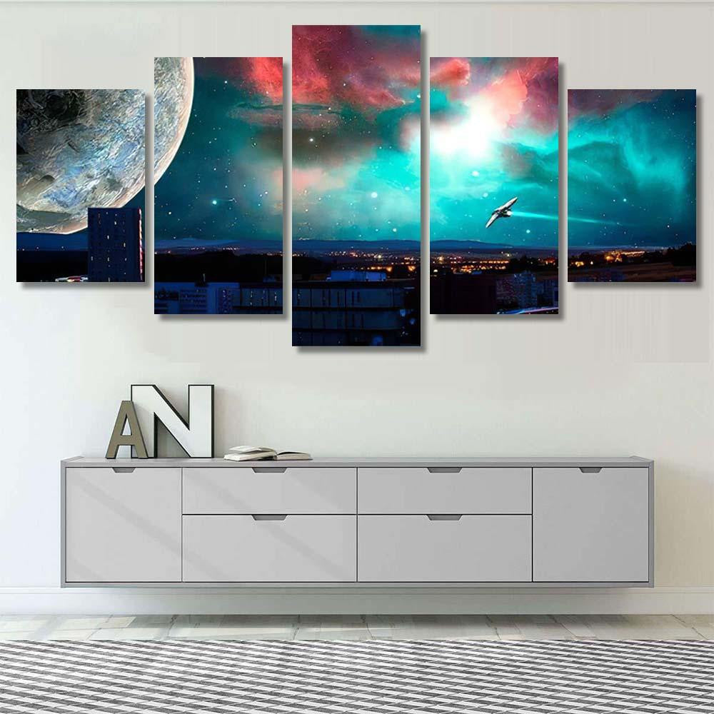 Scifi City Nebula Planet Spaceships Photo Galaxy Sky and Space Multi Piece Panel Canvas Home Decor Housewarming Gift Ideas Poster Canvas Gallery Prints