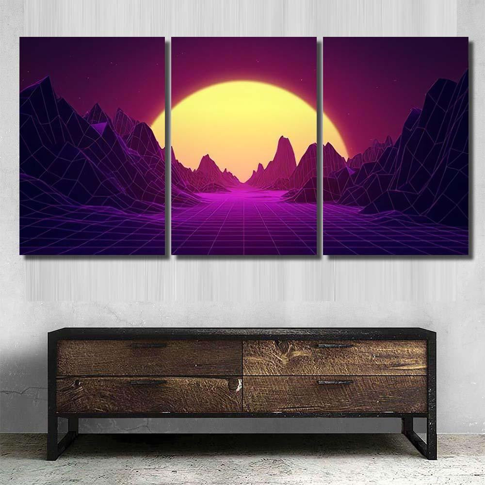 Retro Wave Synthwave Digital Landscape Sunset Galaxy Sky and Space Multi Piece Panel Canvas Home Decor Housewarming Gift Ideas Poster Canvas Gallery Prints