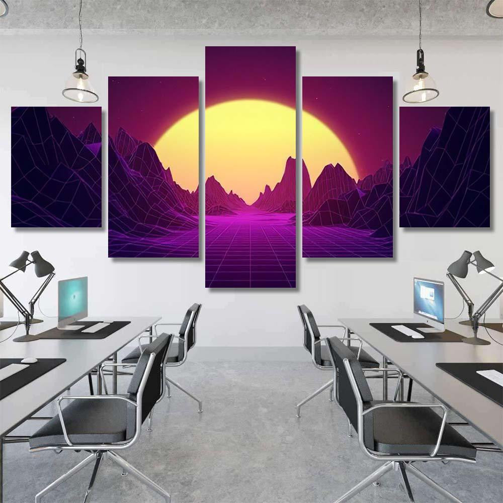 Retro Wave Synthwave Digital Landscape Sunset Galaxy Sky and Space Multi Piece Panel Canvas Home Decor Housewarming Gift Ideas Poster Canvas Gallery Prints