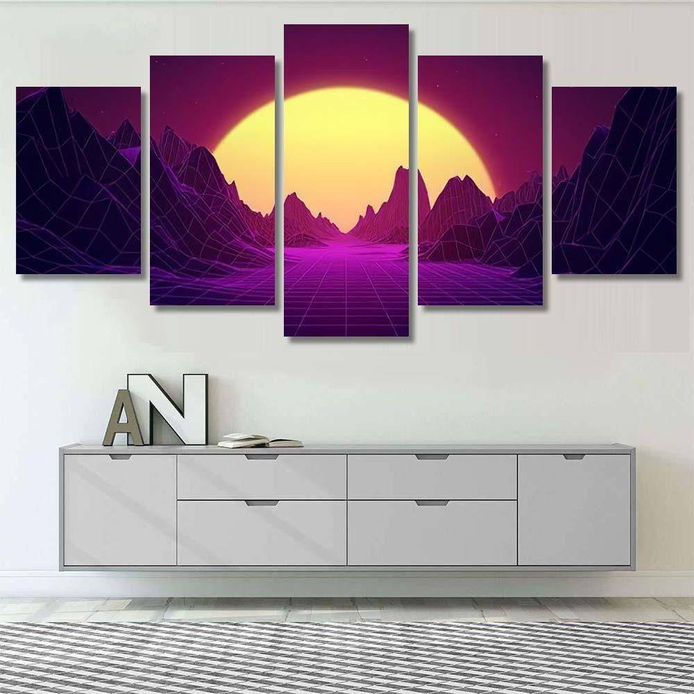 Retro Wave Synthwave Digital Landscape Sunset Galaxy Sky and Space Multi Piece Panel Canvas Home Decor Housewarming Gift Ideas Poster Canvas Gallery Prints