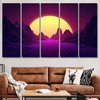 Retro Wave Synthwave Digital Landscape Sunset Galaxy Sky and Space Multi Piece Panel Canvas Home Decor Housewarming Gift Ideas Poster Canvas Gallery Prints