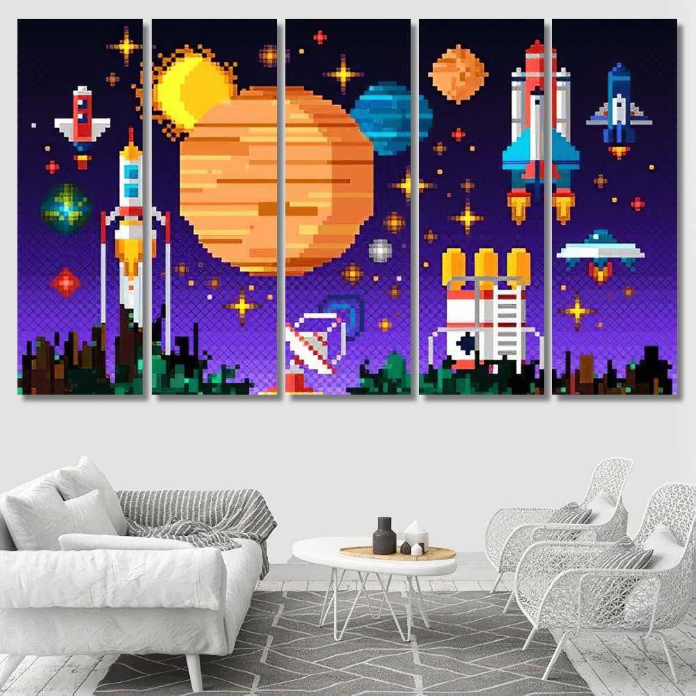 Space Icons Composition Pixel Art Style Galaxy Sky and Space Multi Piece Panel Canvas Home Decor Housewarming Gift Ideas Poster Canvas Gallery Prints