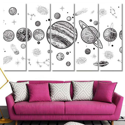 Planets Space Hand Drawn Vector Illustration Galaxy Sky and Space Multi Piece Panel Canvas Home Decor Housewarming Gift Ideas Poster Canvas Gallery Prints