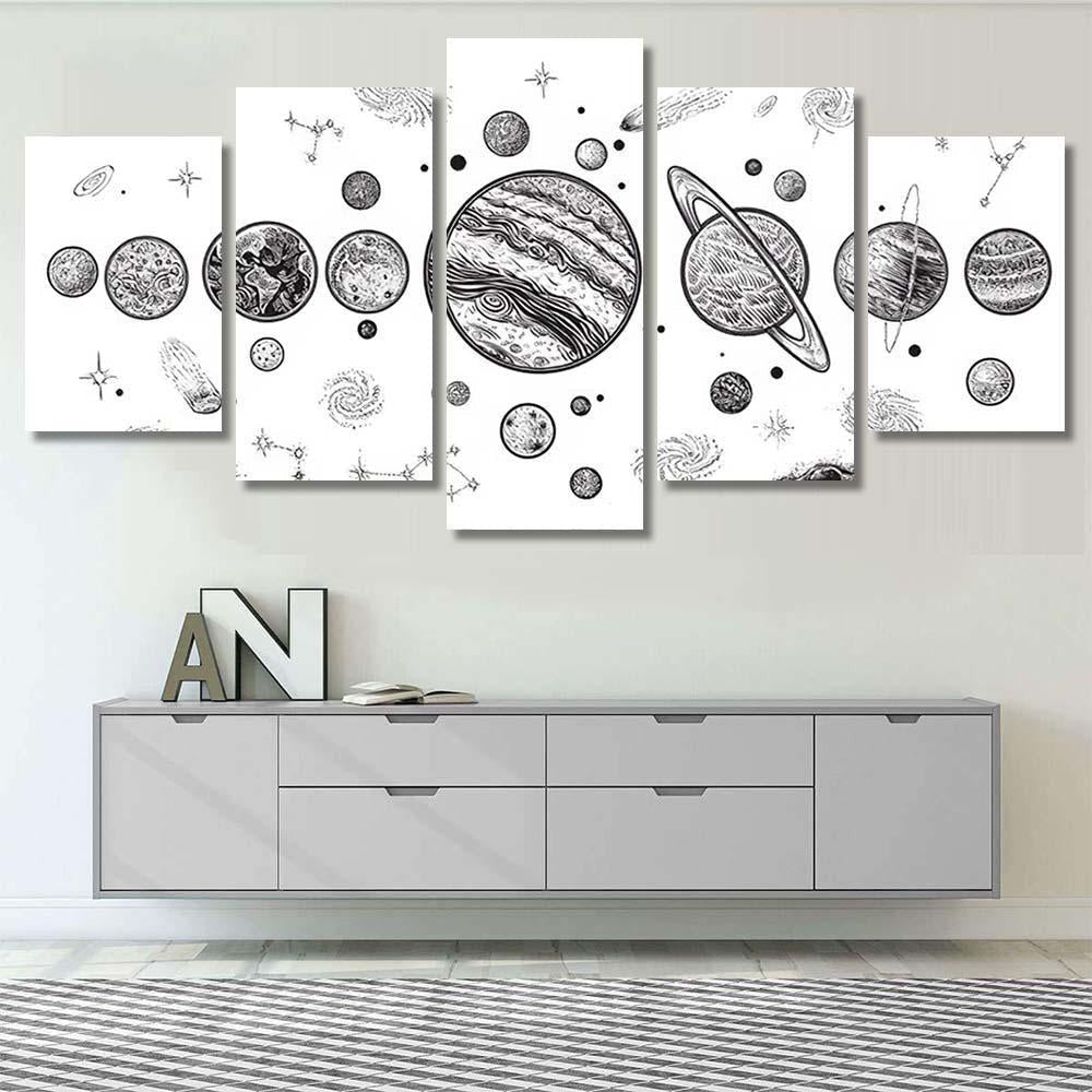 Planets Space Hand Drawn Vector Illustration Galaxy Sky and Space Multi Piece Panel Canvas Home Decor Housewarming Gift Ideas Poster Canvas Gallery Prints
