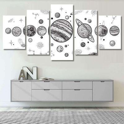 Planets Space Hand Drawn Vector Illustration Galaxy Sky and Space Multi Piece Panel Canvas Home Decor Housewarming Gift Ideas Poster Canvas Gallery Prints