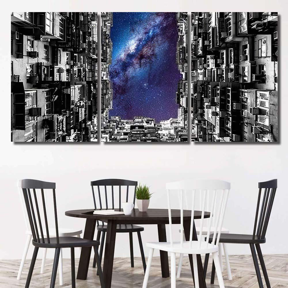 Night Galaxy Sky Over Montane Mansion Galaxy Sky and Space Multi Piece Panel Canvas Home Decor Housewarming Gift Ideas Poster Canvas Gallery Prints