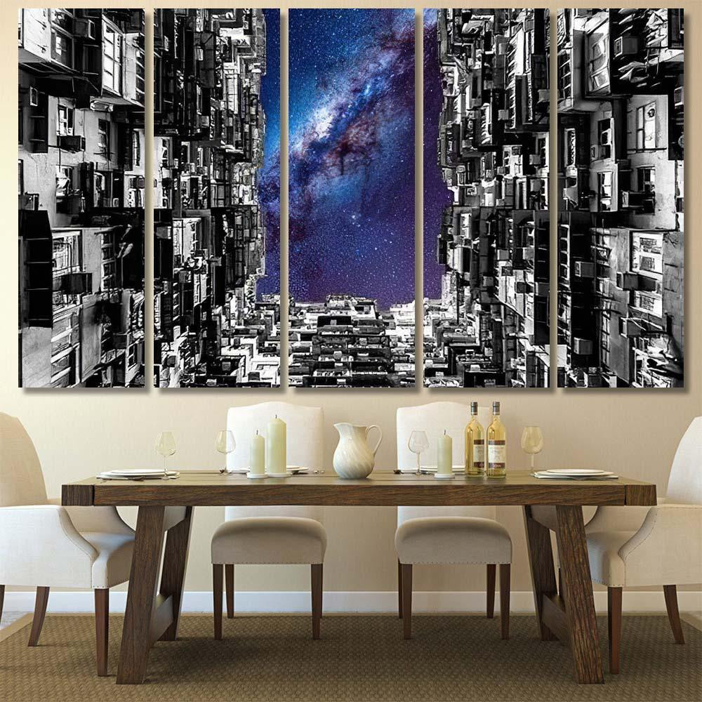 Night Galaxy Sky Over Montane Mansion Galaxy Sky and Space Multi Piece Panel Canvas Home Decor Housewarming Gift Ideas Poster Canvas Gallery Prints