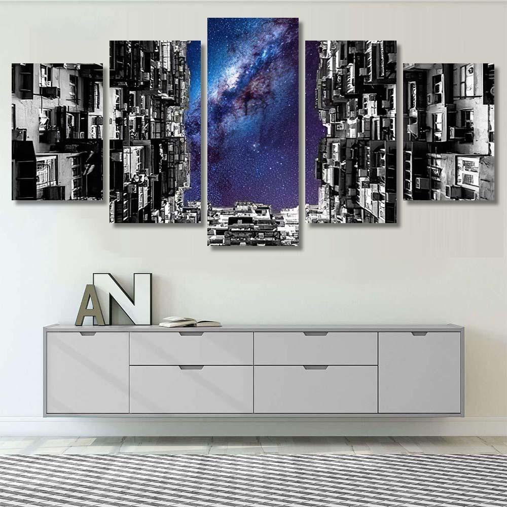 Night Galaxy Sky Over Montane Mansion Galaxy Sky and Space Multi Piece Panel Canvas Home Decor Housewarming Gift Ideas Poster Canvas Gallery Prints
