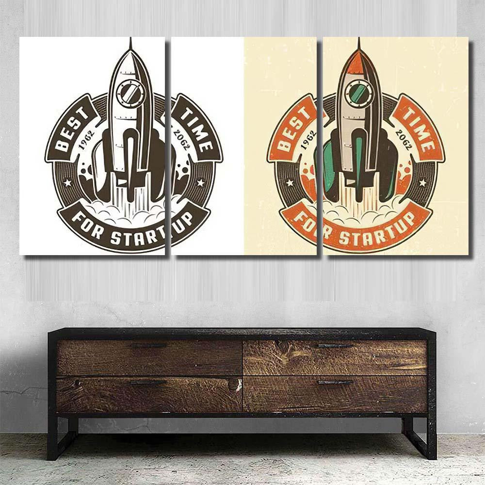 Retro Emblem Rocket Takes Off Circular Galaxy Sky and Space Multi Piece Panel Canvas Home Decor Housewarming Gift Ideas Poster Canvas Gallery Prints