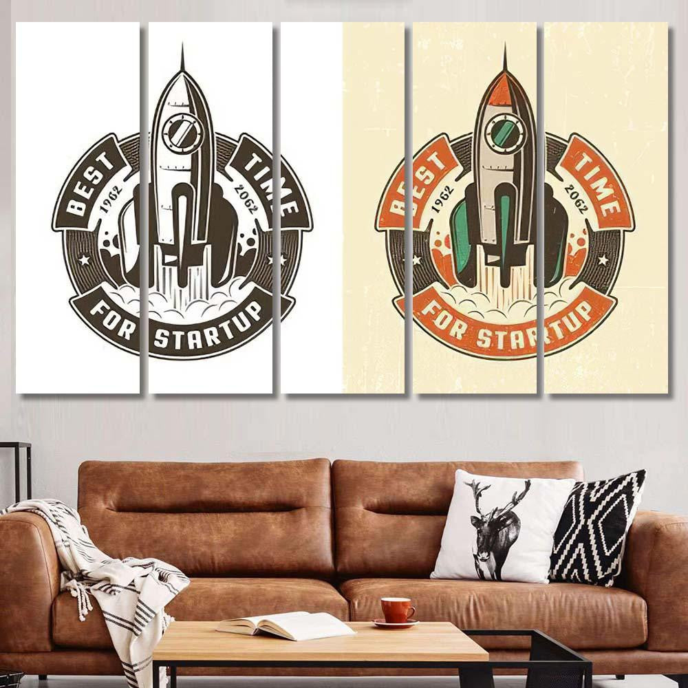 Retro Emblem Rocket Takes Off Circular Galaxy Sky and Space Multi Piece Panel Canvas Home Decor Housewarming Gift Ideas Poster Canvas Gallery Prints