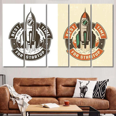 Retro Emblem Rocket Takes Off Circular Galaxy Sky and Space Multi Piece Panel Canvas Home Decor Housewarming Gift Ideas Poster Canvas Gallery Prints