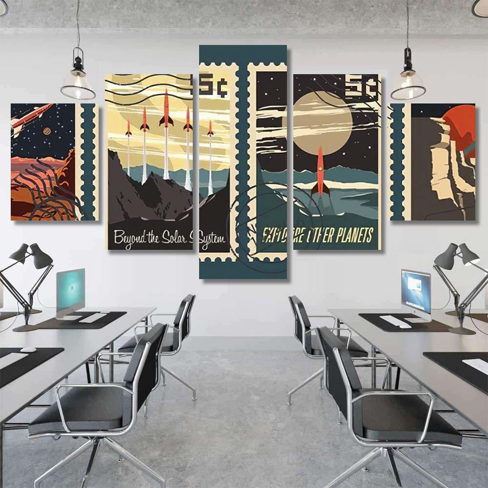 Retro Space Postage Stamps Stylization Under Galaxy Sky and Space Multi Piece Panel Canvas Home Decor Housewarming Gift Ideas Poster Canvas Gallery Prints