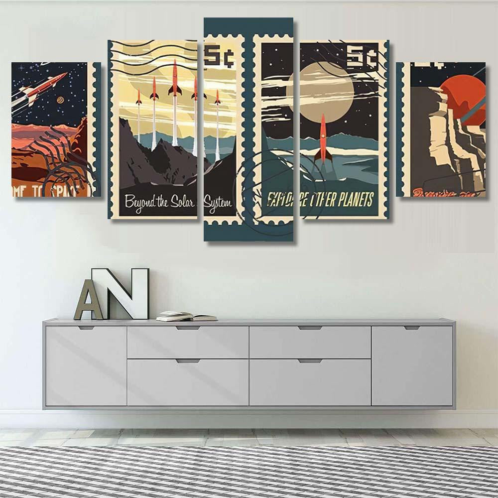 Retro Space Postage Stamps Stylization Under Galaxy Sky and Space Multi Piece Panel Canvas Home Decor Housewarming Gift Ideas Poster Canvas Gallery Prints