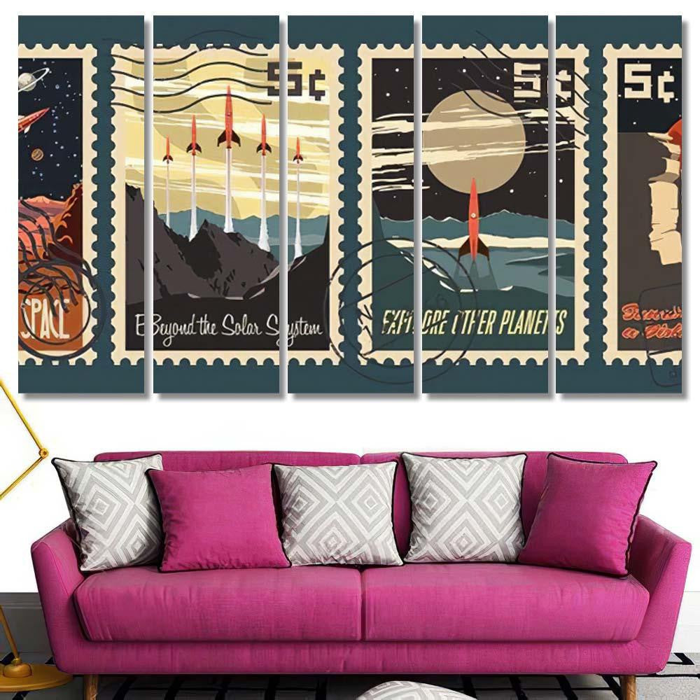 Retro Space Postage Stamps Stylization Under Galaxy Sky and Space Multi Piece Panel Canvas Home Decor Housewarming Gift Ideas Poster Canvas Gallery Prints