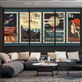 Retro Space Postage Stamps Stylization Under Galaxy Sky and Space Multi Piece Panel Canvas Home Decor Housewarming Gift Ideas Poster Canvas Gallery Prints