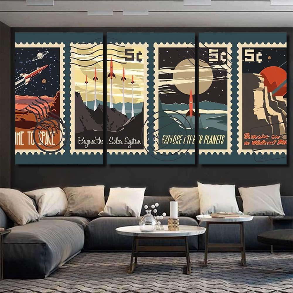Retro Space Postage Stamps Stylization Under Galaxy Sky and Space Multi Piece Panel Canvas Home Decor Housewarming Gift Ideas Poster Canvas Gallery Prints