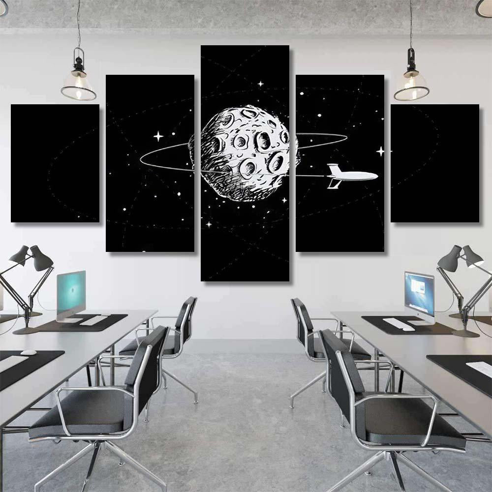 Spacecraft Orbiting Moon Drawn Style Illustration Galaxy Sky and Space Multi Piece Panel Canvas Home Decor Housewarming Gift Ideas Poster Canvas Gallery Prints