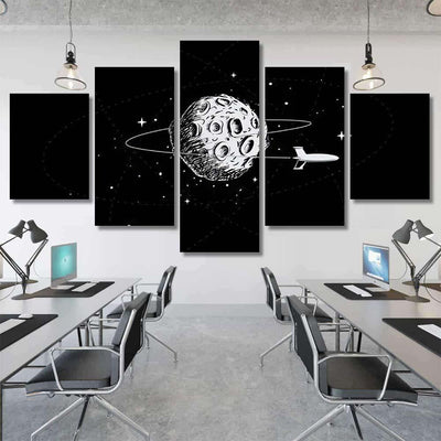 Spacecraft Orbiting Moon Drawn Style Illustration Galaxy Sky and Space Multi Piece Panel Canvas Home Decor Housewarming Gift Ideas Poster Canvas Gallery Prints