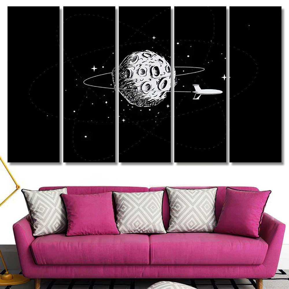 Spacecraft Orbiting Moon Drawn Style Illustration Galaxy Sky and Space Multi Piece Panel Canvas Home Decor Housewarming Gift Ideas Poster Canvas Gallery Prints