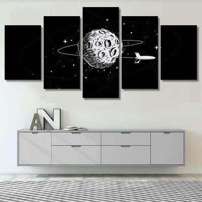 Spacecraft Orbiting Moon Drawn Style Illustration Galaxy Sky and Space Multi Piece Panel Canvas Home Decor Housewarming Gift Ideas Poster Canvas Gallery Prints