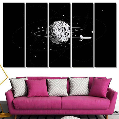 Spacecraft Orbiting Moon Drawn Style Illustration Galaxy Sky and Space Multi Piece Panel Canvas Home Decor Housewarming Gift Ideas Poster Canvas Gallery Prints