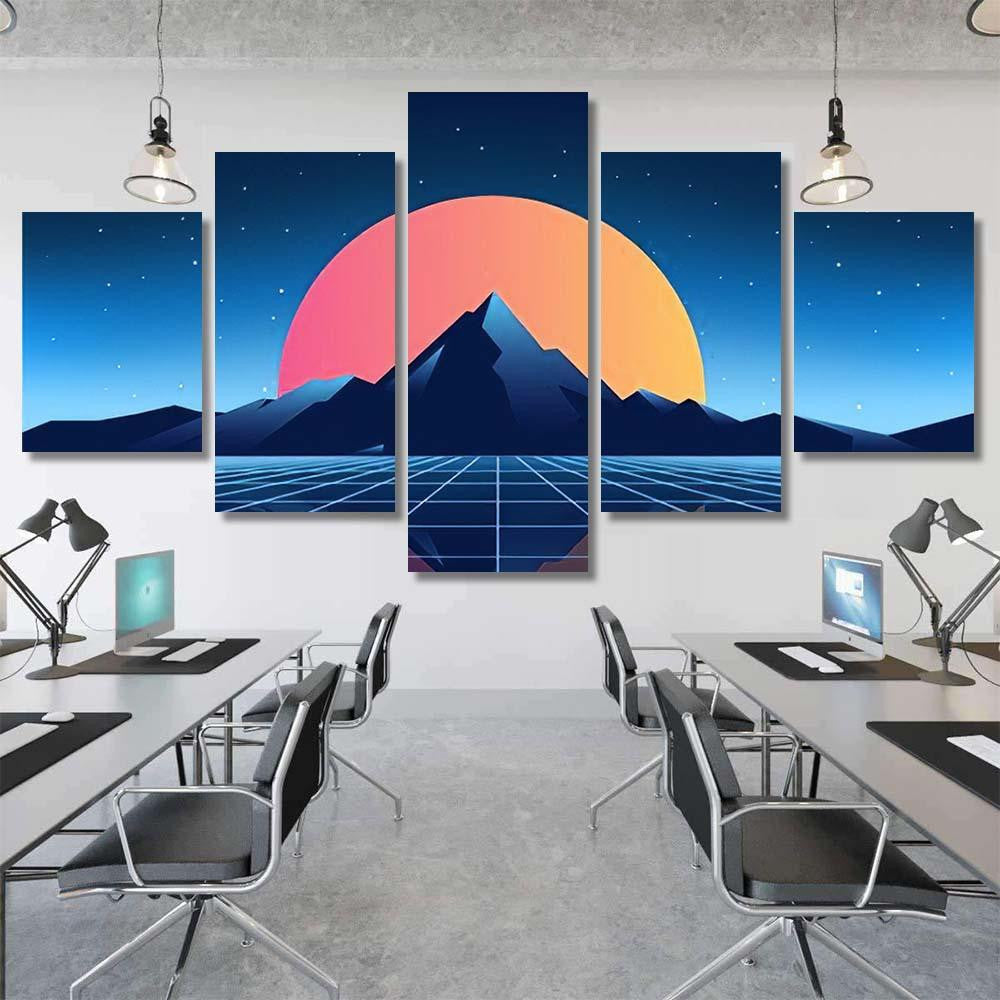Retro Scifi Background Mountains Futuristic Vector 1 Galaxy Sky and Space Multi Piece Panel Canvas Home Decor Housewarming Gift Ideas Poster Canvas Gallery Prints