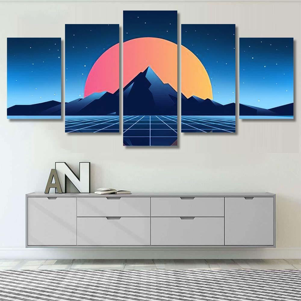 Retro Scifi Background Mountains Futuristic Vector 1 Galaxy Sky and Space Multi Piece Panel Canvas Home Decor Housewarming Gift Ideas Poster Canvas Gallery Prints
