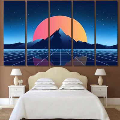 Retro Scifi Background Mountains Futuristic Vector 1 Galaxy Sky and Space Multi Piece Panel Canvas Home Decor Housewarming Gift Ideas Poster Canvas Gallery Prints