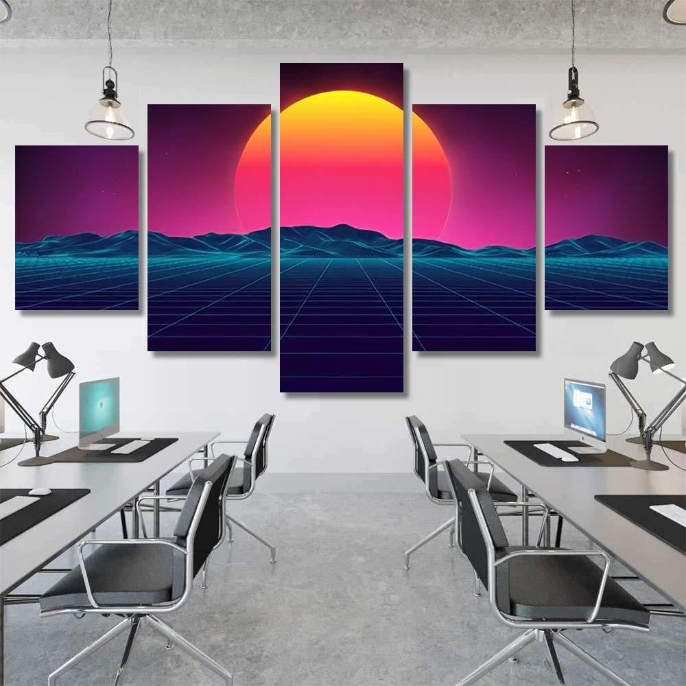 Retro Background Futuristic Landscape 1980S Style 9 Galaxy Sky and Space Multi Piece Panel Canvas Home Decor Housewarming Gift Ideas Poster Canvas Gallery Prints