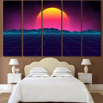 Retro Background Futuristic Landscape 1980S Style 9 Galaxy Sky and Space Multi Piece Panel Canvas Home Decor Housewarming Gift Ideas Poster Canvas Gallery Prints