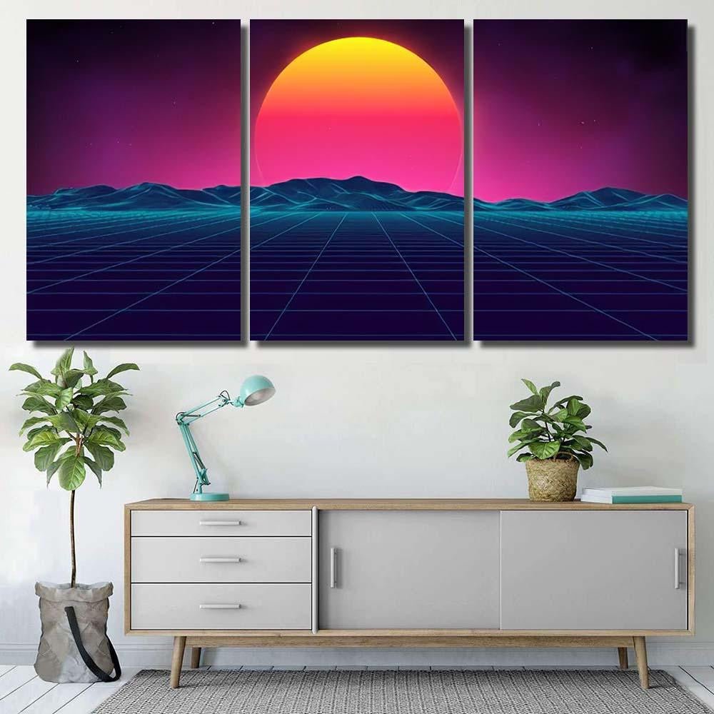 Retro Background Futuristic Landscape 1980S Style 9 Galaxy Sky and Space Multi Piece Panel Canvas Home Decor Housewarming Gift Ideas Poster Canvas Gallery Prints
