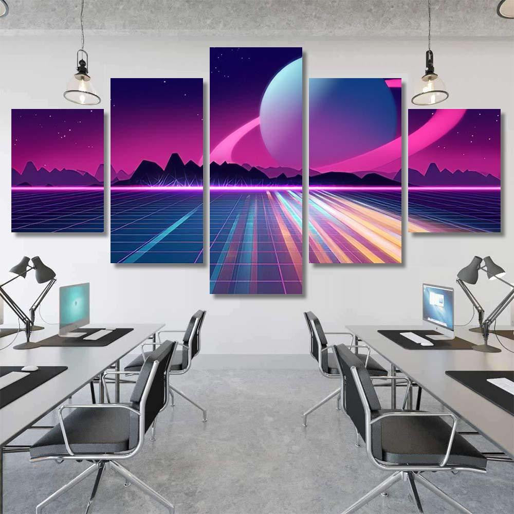 Retro Futuristic Background 1980S Style 3D 7 Galaxy Sky and Space Multi Piece Panel Canvas Home Decor Housewarming Gift Ideas Poster Canvas Gallery Prints